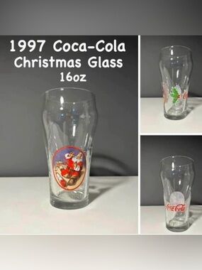Vintage 1997 Coca Cola Clear Holiday Glass with Red and Green Graphics